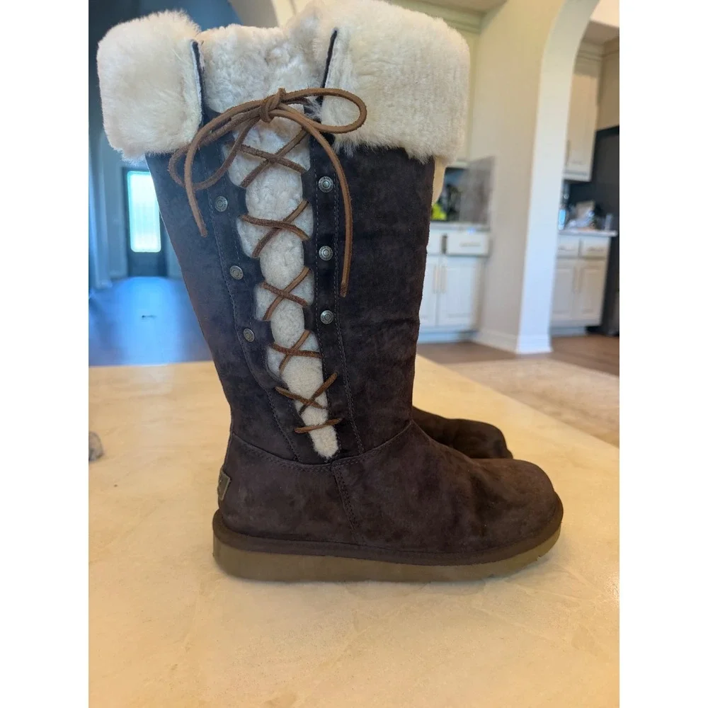 UGG Australia Sunburst Tall Suede Boots Chocolate Brown Shearling 5163 Womens 8